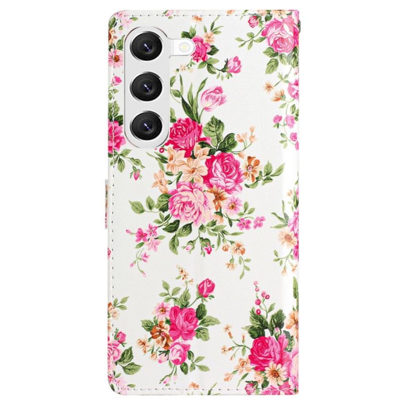 Læder Cover Samsung Galaxy S24 5g Telefon Etui Røde Blomster Med Rem