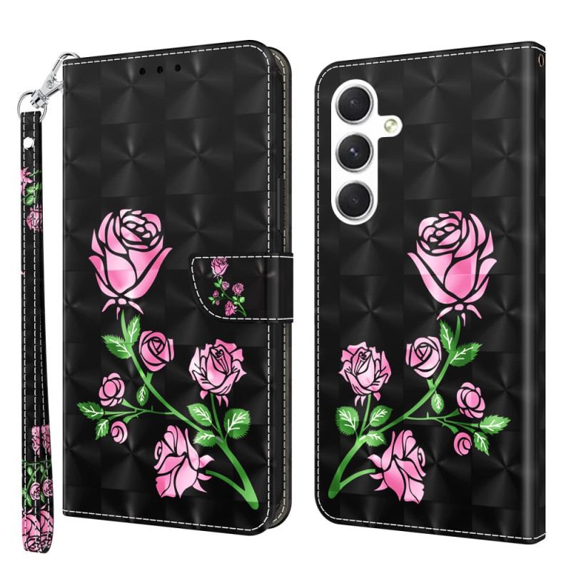 Læder Cover Samsung Galaxy S24 5g Telefon Etui Rosenblomster Med Rem