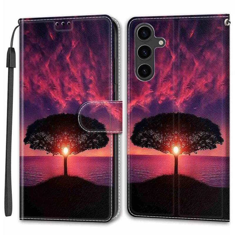 Læder Cover Samsung Galaxy S24 5g Telefon Etui Sort Træ Ved Solnedgang Med Rem