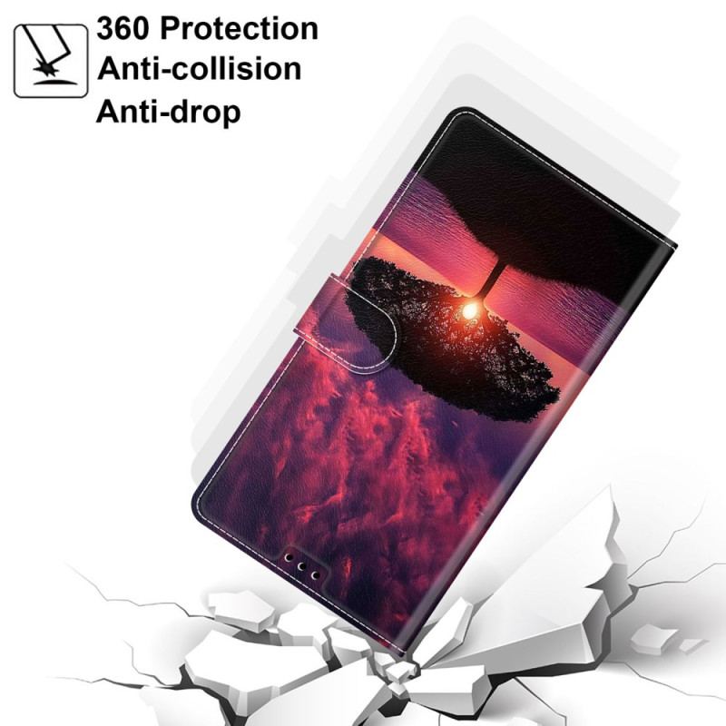 Læder Cover Samsung Galaxy S24 5g Telefon Etui Sort Træ Ved Solnedgang Med Rem