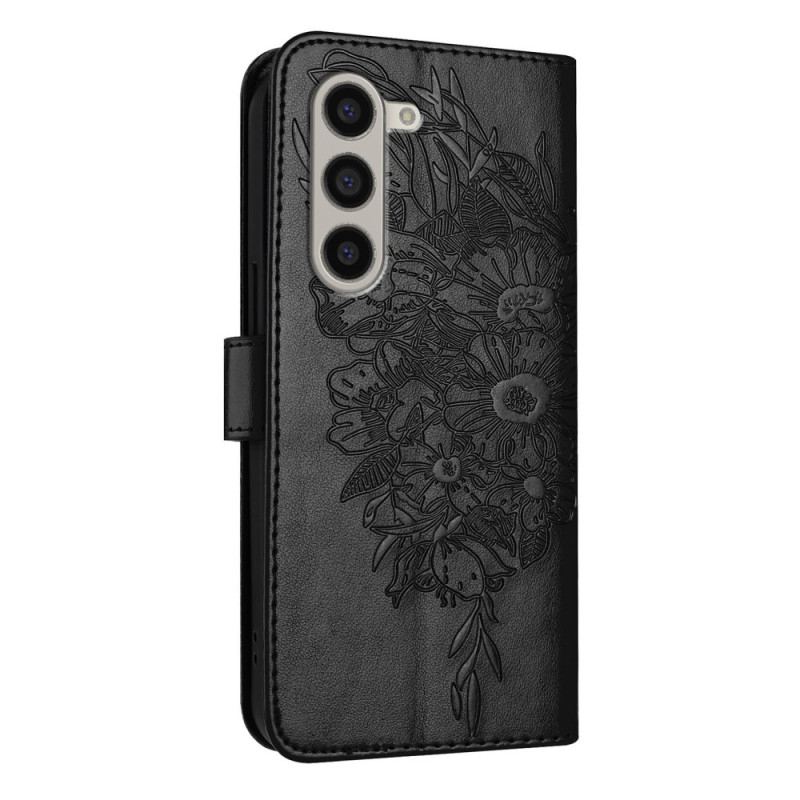 Læder Cover Samsung Galaxy Z Fold 6 Telefon Etui Blomstersommerfugl Med Rem