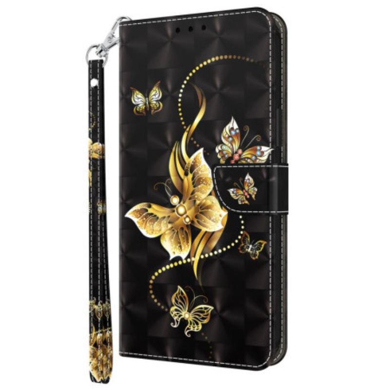 Flip Cover Samsung Galaxy S23 5G Med Snor Butterflies Guldrem