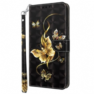 Flip Cover Samsung Galaxy S23 5G Med Snor Butterflies Guldrem