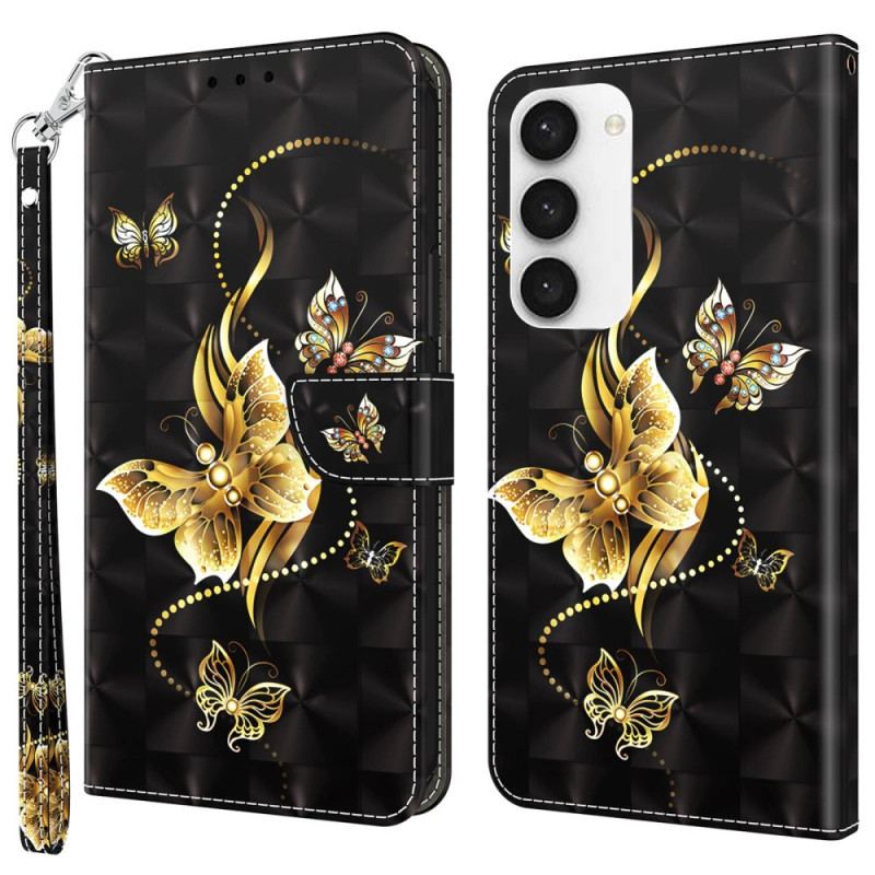 Flip Cover Samsung Galaxy S23 5G Med Snor Butterflies Guldrem