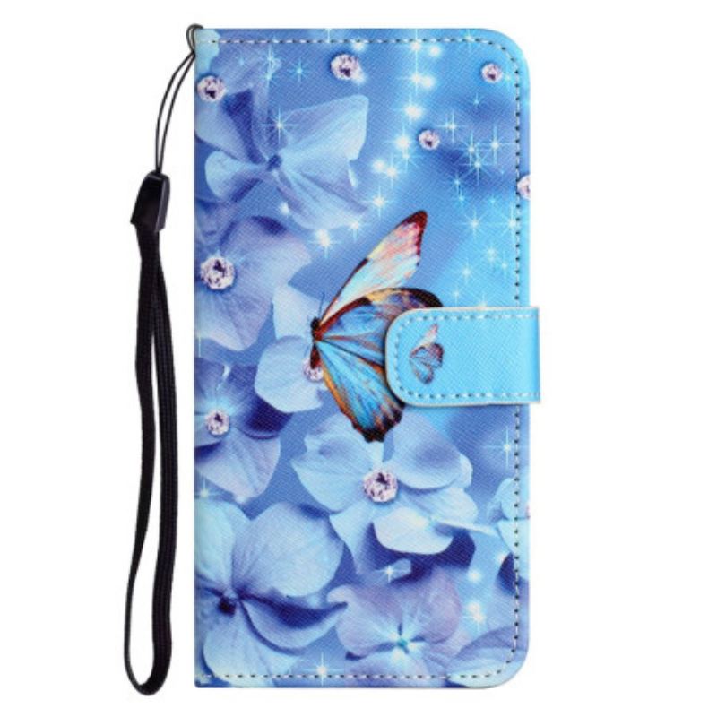 Flip Cover Samsung Galaxy S23 5G Med Snor Strappy Diamond Sommerfugle