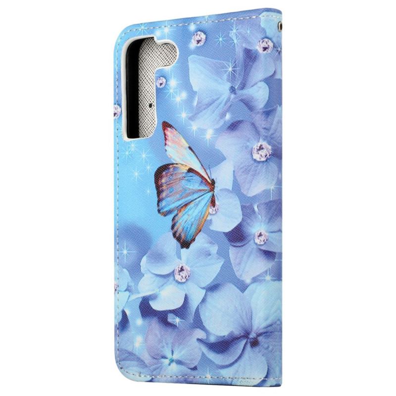 Flip Cover Samsung Galaxy S23 5G Med Snor Strappy Diamond Sommerfugle