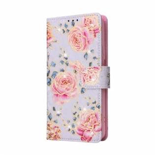 Flip Cover Samsung Galaxy S23 5G Rfid-blomster Med Snor