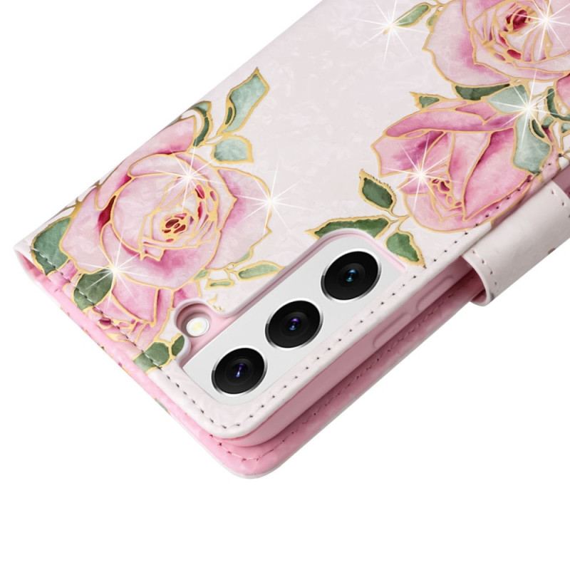 Flip Cover Samsung Galaxy S23 5G Rfid-blomster Med Snor