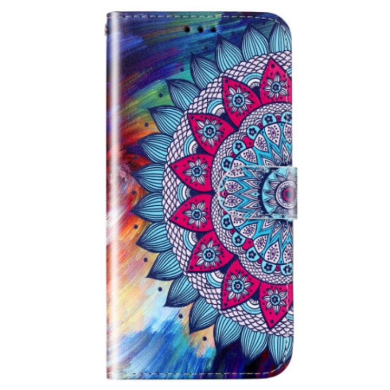 Læder Cover Samsung Galaxy S23 5G Med Snor Farverig Strappy Mandala