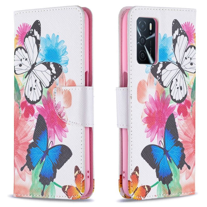 Flip Cover Oppo A16 / A16s Malede Sommerfugle Og Blomster