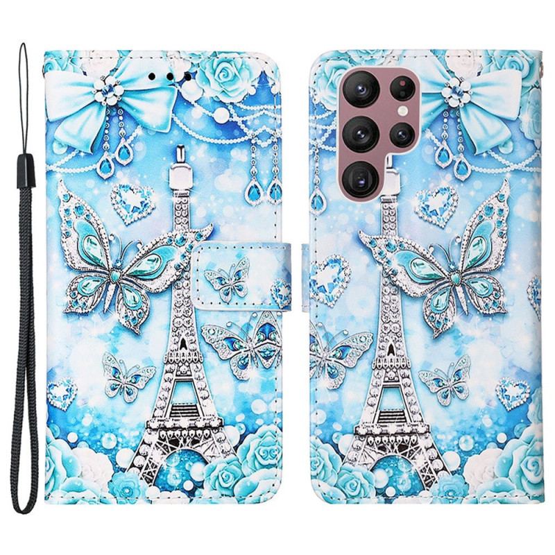 Flip Cover Samsung Galaxy S23 Ultra 5G Med Snor Eiffeltårnets Sommerfuglestrop