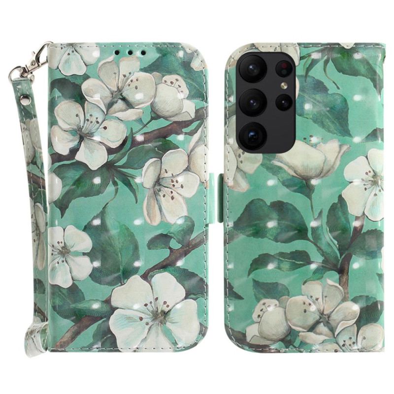 Flip Cover Samsung Galaxy S23 Ultra 5G Med Snor Strappy Hvide Blomster