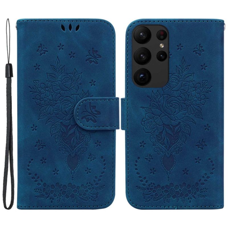 Flip Cover Samsung Galaxy S23 Ultra 5G Med Snor Strappy Roser Og Sommerfugle