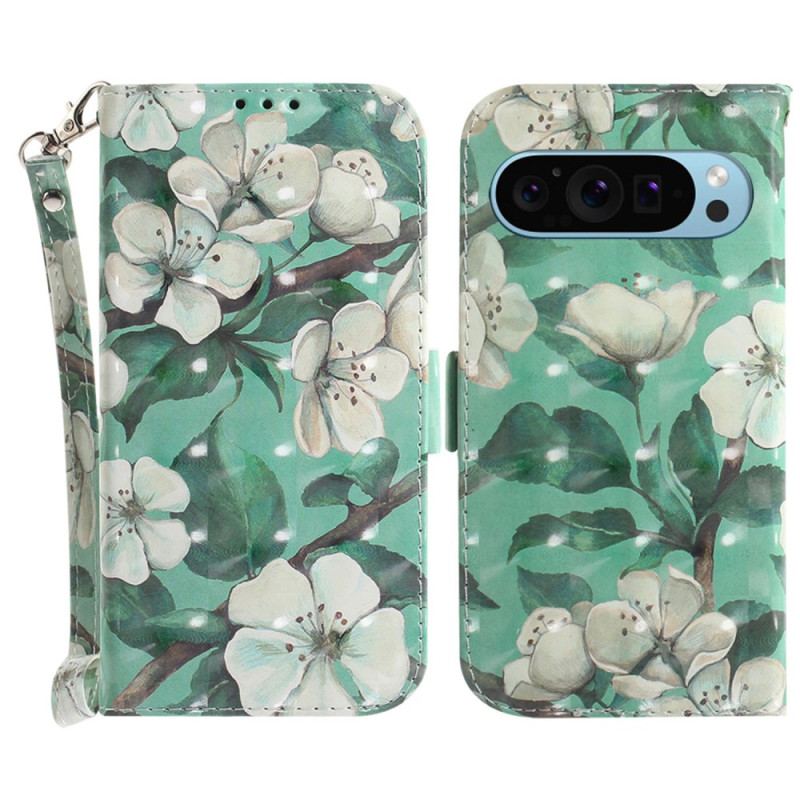 Læder Cover Google Pixel 9 Pro Telefon Etui Akvarelblomster Med Rem