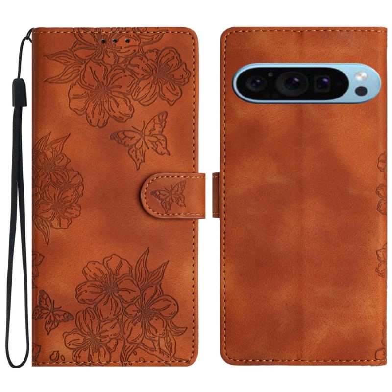 Læder Cover Google Pixel 9 Pro Telefon Etui Floral Ruskindseffekt