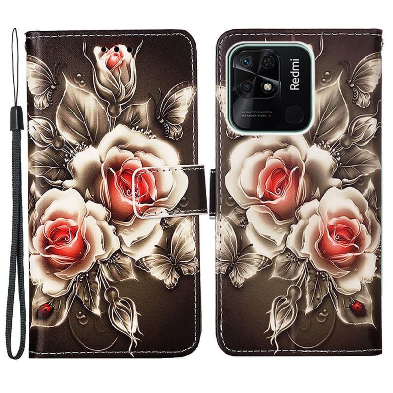 Flip Cover Xiaomi Redmi 10C Med Snor Blomstervariation Med Rem