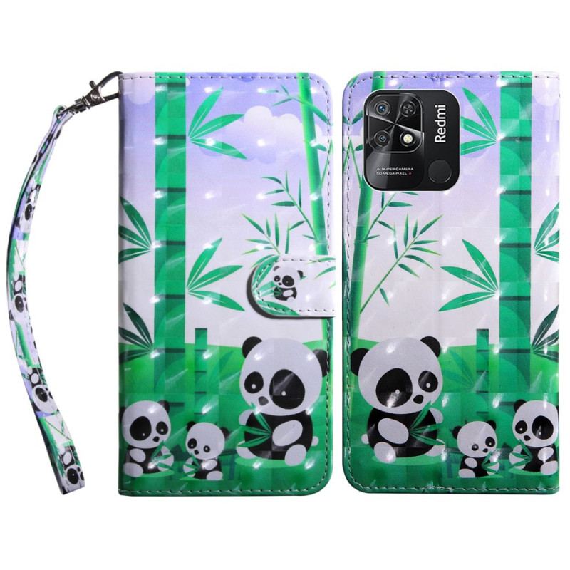 Flip Cover Xiaomi Redmi 10C Med Snor Lanyard Panda Familie