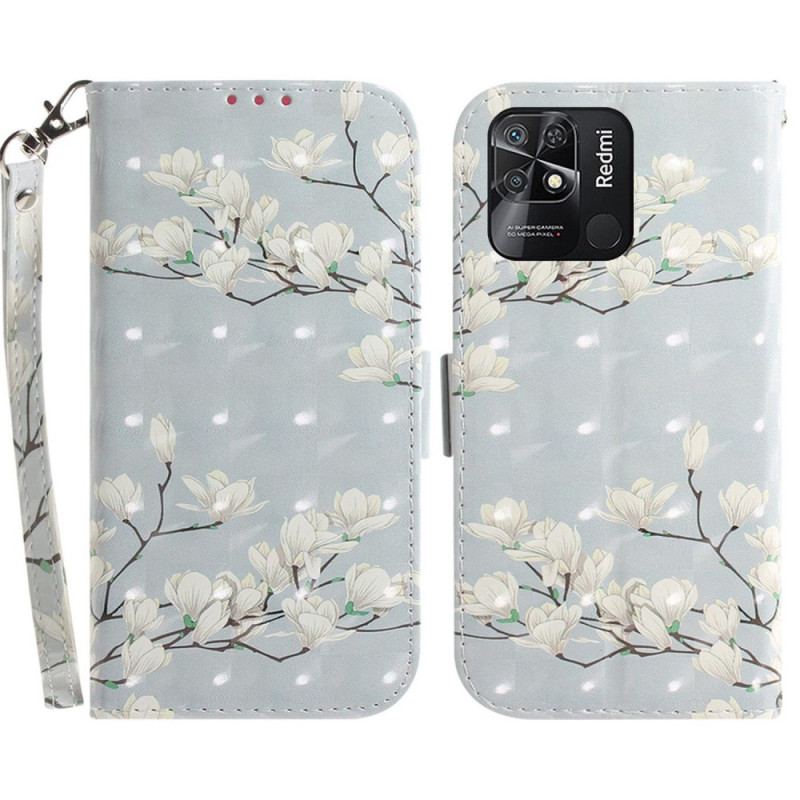 Flip Cover Xiaomi Redmi 10C Med Snor Strappy Hvide Blomster