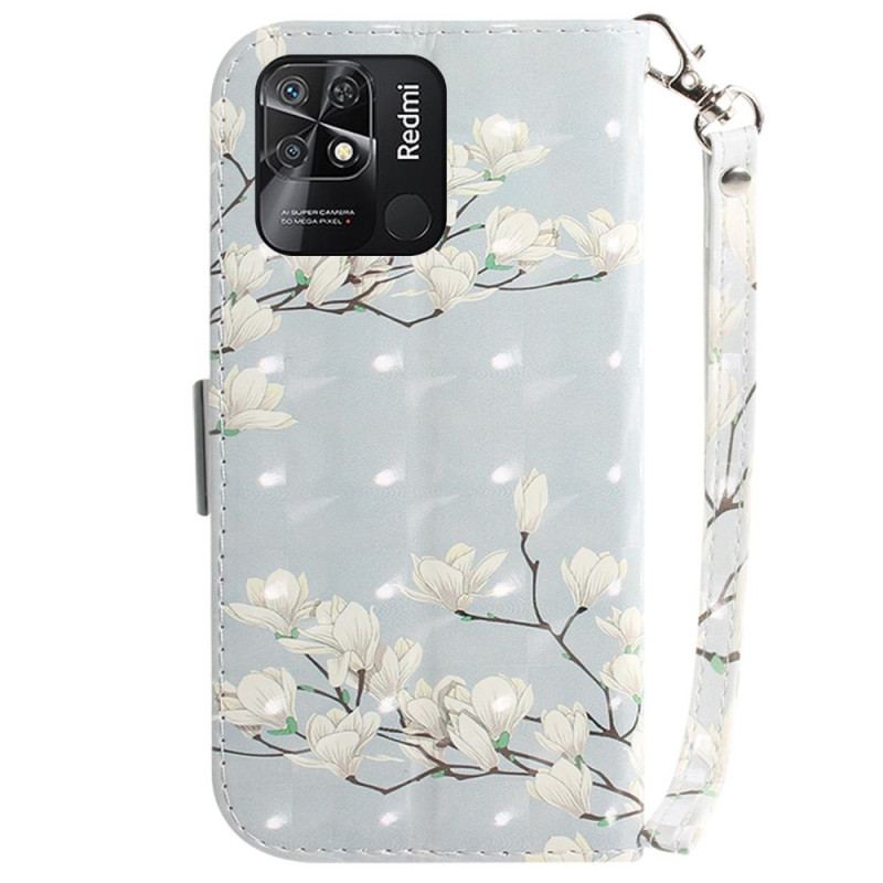 Flip Cover Xiaomi Redmi 10C Med Snor Strappy Hvide Blomster