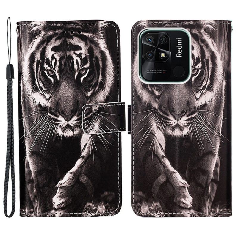 Læder Cover Xiaomi Redmi 10C Med Snor Fantastisk Thong Tiger