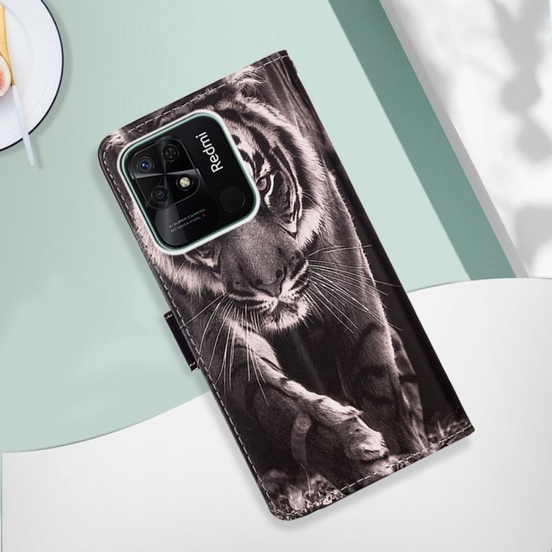 Læder Cover Xiaomi Redmi 10C Med Snor Fantastisk Thong Tiger