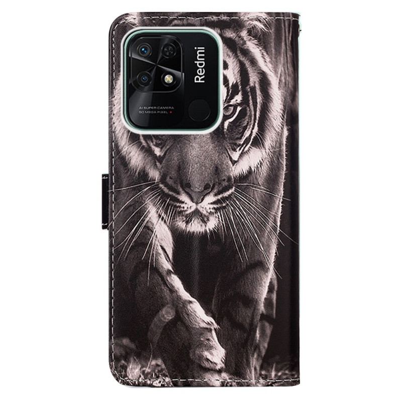 Læder Cover Xiaomi Redmi 10C Med Snor Fantastisk Thong Tiger