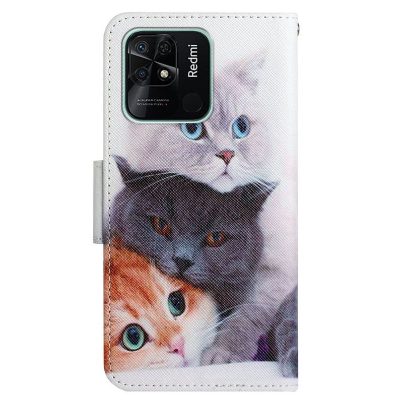 Læder Cover Xiaomi Redmi 10C Med Snor Kun Thong Cats