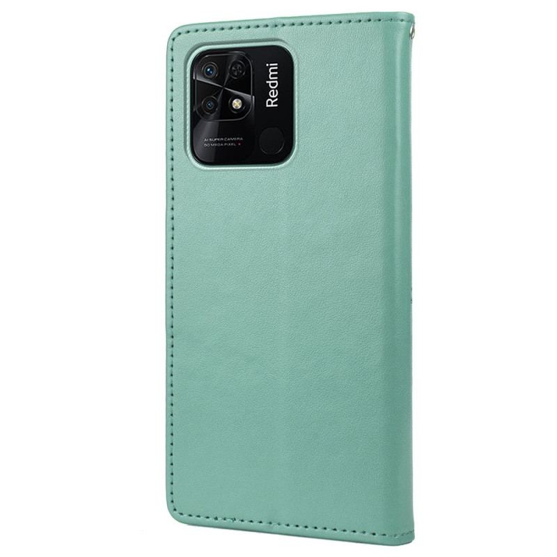 Læder Cover Xiaomi Redmi 10C Med Snor Sommerfugle Og Blomsterrem