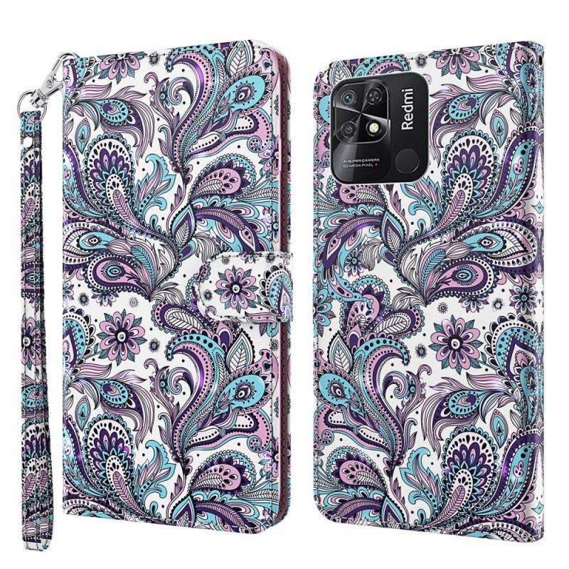 Læder Cover Xiaomi Redmi 10C Med Snor Strappy Paisley Mønster