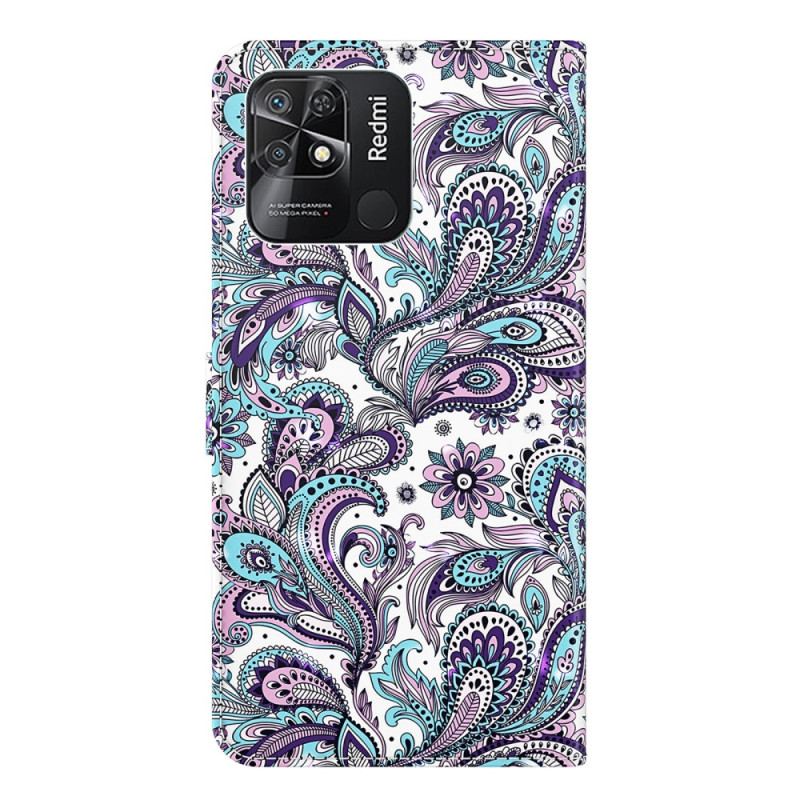 Læder Cover Xiaomi Redmi 10C Med Snor Strappy Paisley Mønster