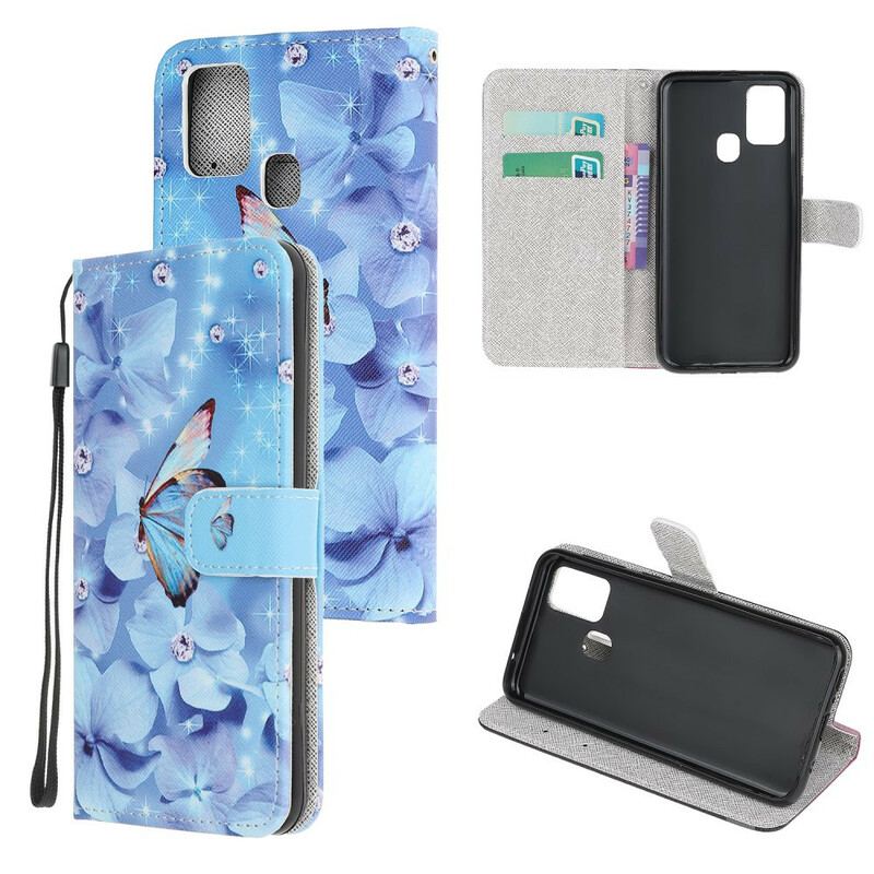 Flip Cover OnePlus Nord N10 Med Snor Strappy Diamond Sommerfugle