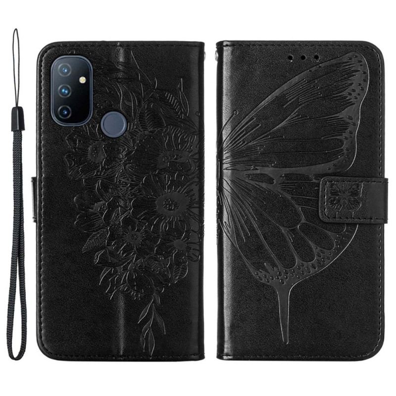 Læder Cover OnePlus Nord N100 Med Snor Strappy Butterfly Design