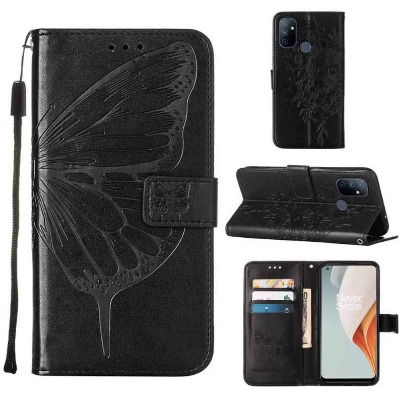 Læder Cover OnePlus Nord N100 Med Snor Strappy Butterfly Design