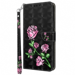 Læder Cover Xiaomi Redmi Note 13 Pro Plus 5g Telefon Etui Lyserøde Blomster Med Rem