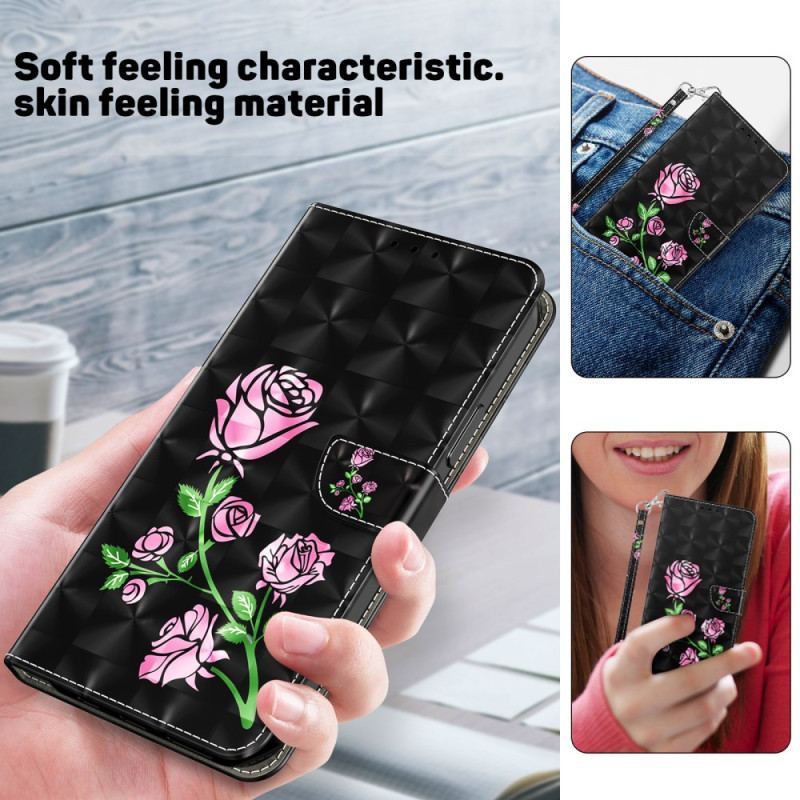 Læder Cover Xiaomi Redmi Note 13 Pro Plus 5g Telefon Etui Lyserøde Blomster Med Rem