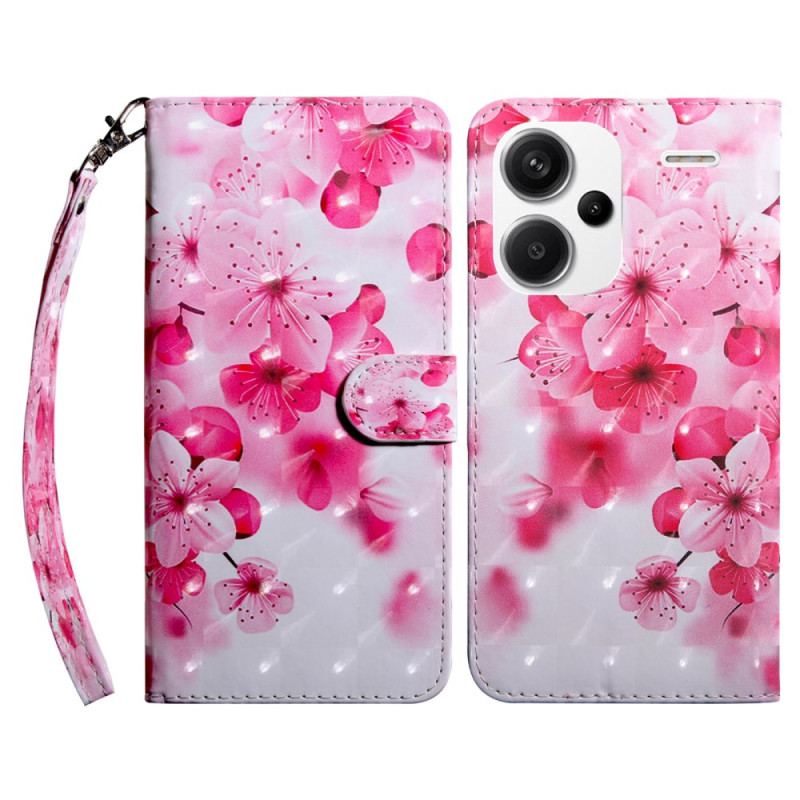 Læder Cover Xiaomi Redmi Note 13 Pro Plus 5g Telefon Etui Røde Blomster Med Rem