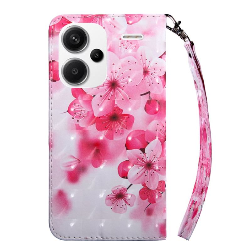 Læder Cover Xiaomi Redmi Note 13 Pro Plus 5g Telefon Etui Røde Blomster Med Rem