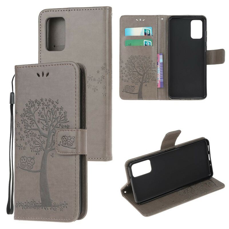 Flip Cover Samsung Galaxy S20 FE Med Snor Thong Træ Og Ugler