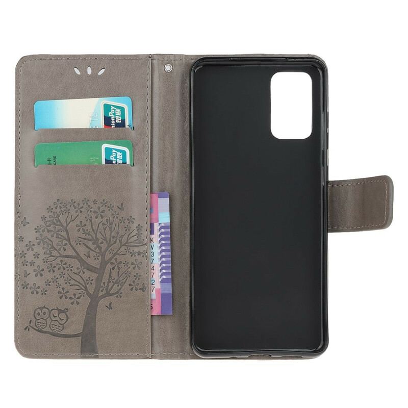 Flip Cover Samsung Galaxy S20 FE Med Snor Thong Træ Og Ugler