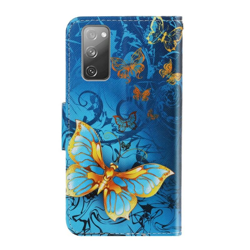 Læder Cover Samsung Galaxy S20 FE Med Snor Variationer Af Sommerfuglesrem