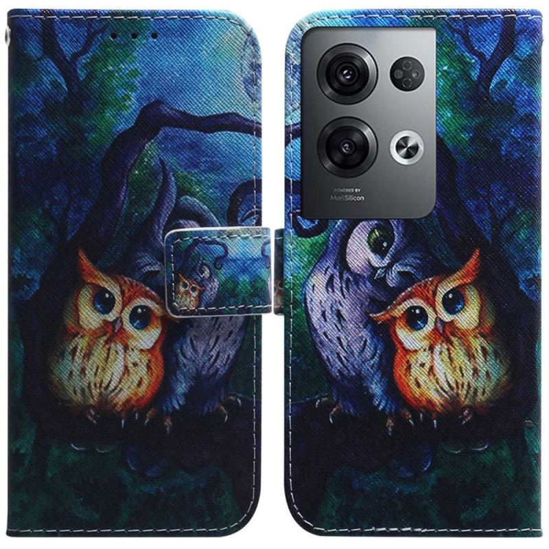 Læder Cover Oppo Reno 8 Pro Med Snor Strappy Owls Maleri