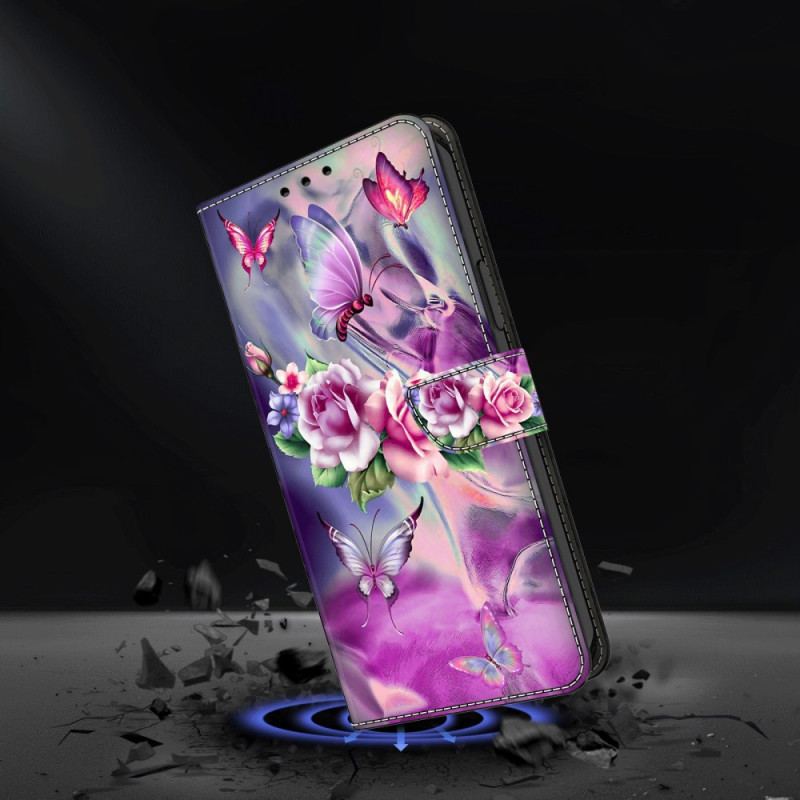 Flip Cover Oppo A98 5g Sommerfugle Og Violette Blomster