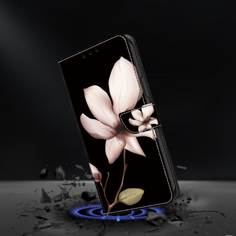 Flip Cover Til Oppo A98 5g Lyserød Blomst På Sort Baggrund