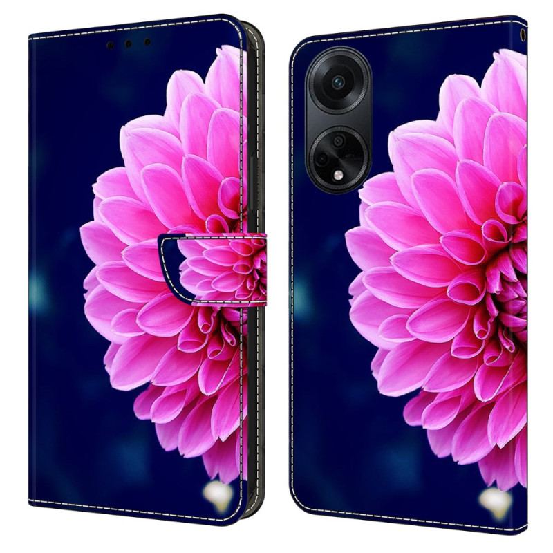 Læder Cover Oppo A98 5g Lyserøde Blomster På Blå Baggrund