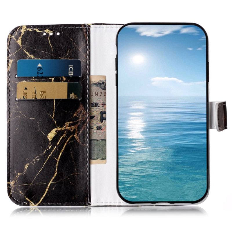 Læder Cover Oppo A98 5g Sort Og Guld Marmor