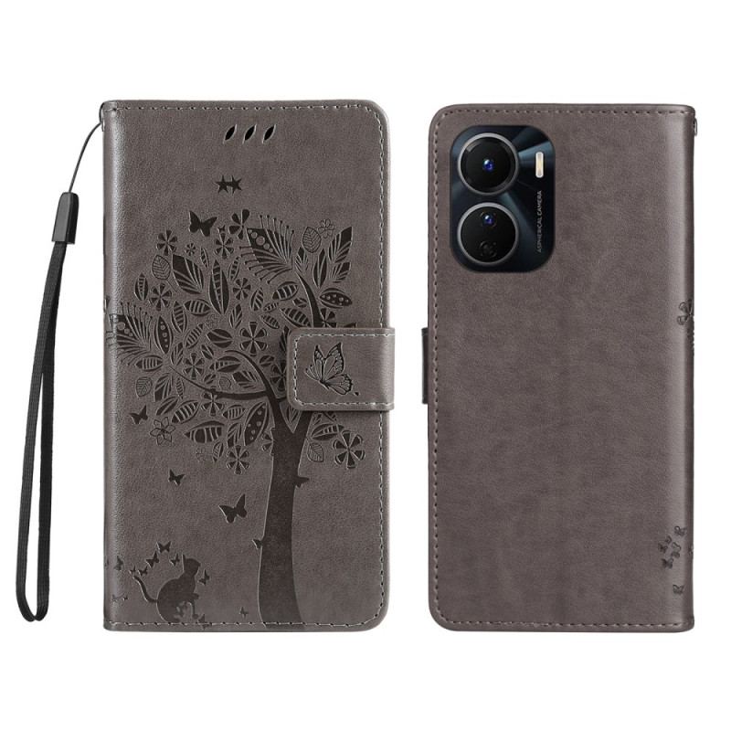 Flip Cover Vivo Y16 Med Snor Træ Og Strappy Kat