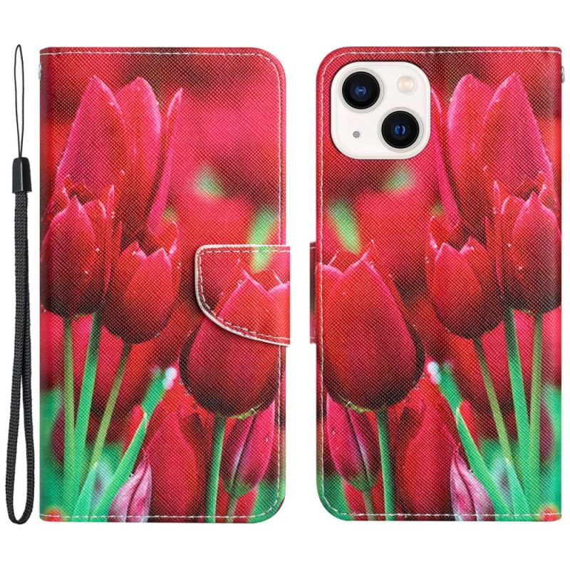 Flip Cover iPhone 15 Med Snor Blomstervariation Med Rem