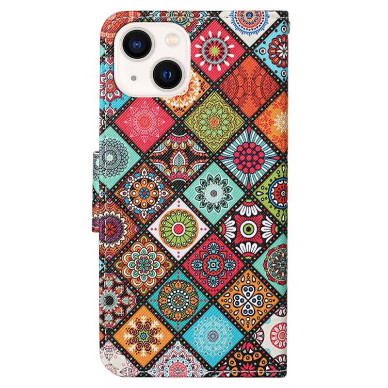 Flip Cover iPhone 15 Med Snor Smukt Patchwork Med Rem