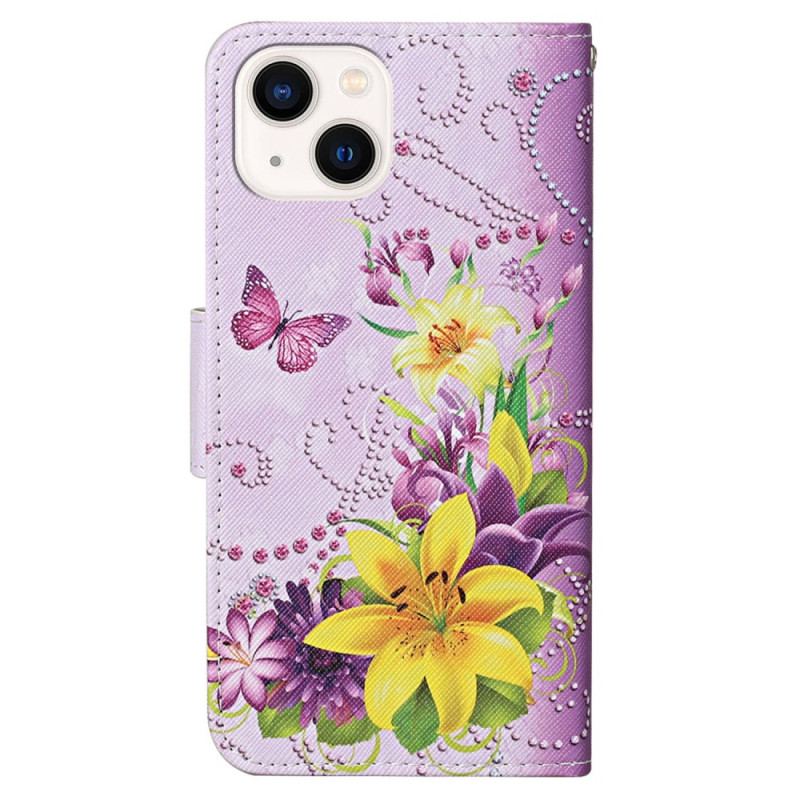 Flip Cover iPhone 15 Med Snor Sommerfugle Og Blomster Med Rem