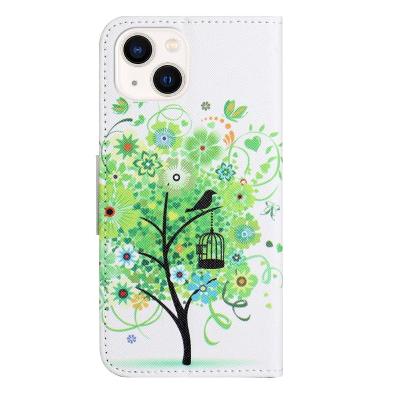 Flip Cover iPhone 15 Træ Med Grønt Løv